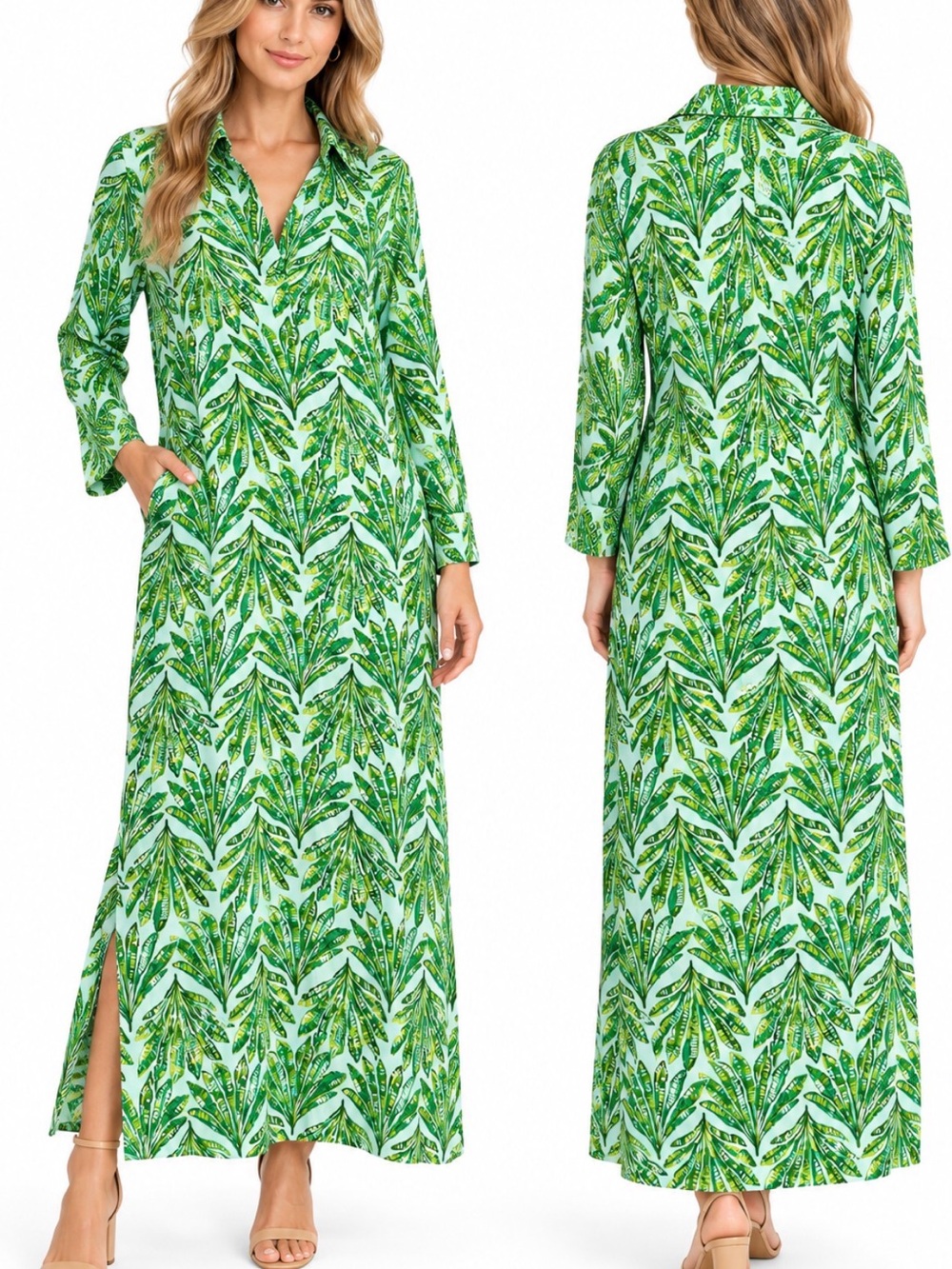 Lilly Pulitzer XS NWT Green Tropical Palm Print Maxi Shirt Dress